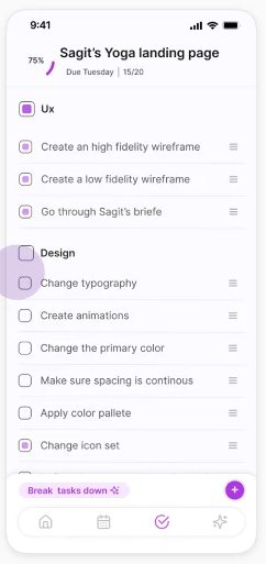 Progress Path AI task breakdown prototype listing UX and design subtasks for Sagit's Yoga landing page